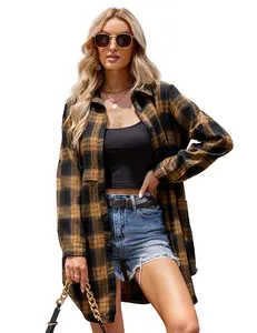 Women's Flannel Plaid Shirts Roll Up Long Sleeve Mid-Long Casual Boyfriend Shirts with Pockets