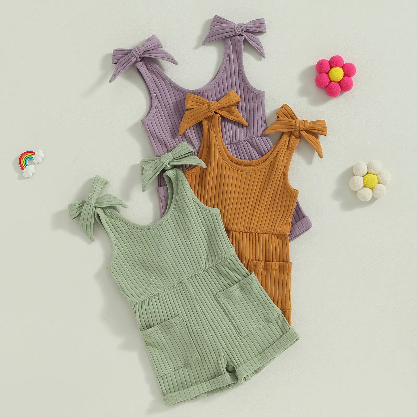 Toddler Girl Summer Clothes Sleeveless Romper Solid Jumpsuit Shorts Overalls Ribbed Halter  Outfit