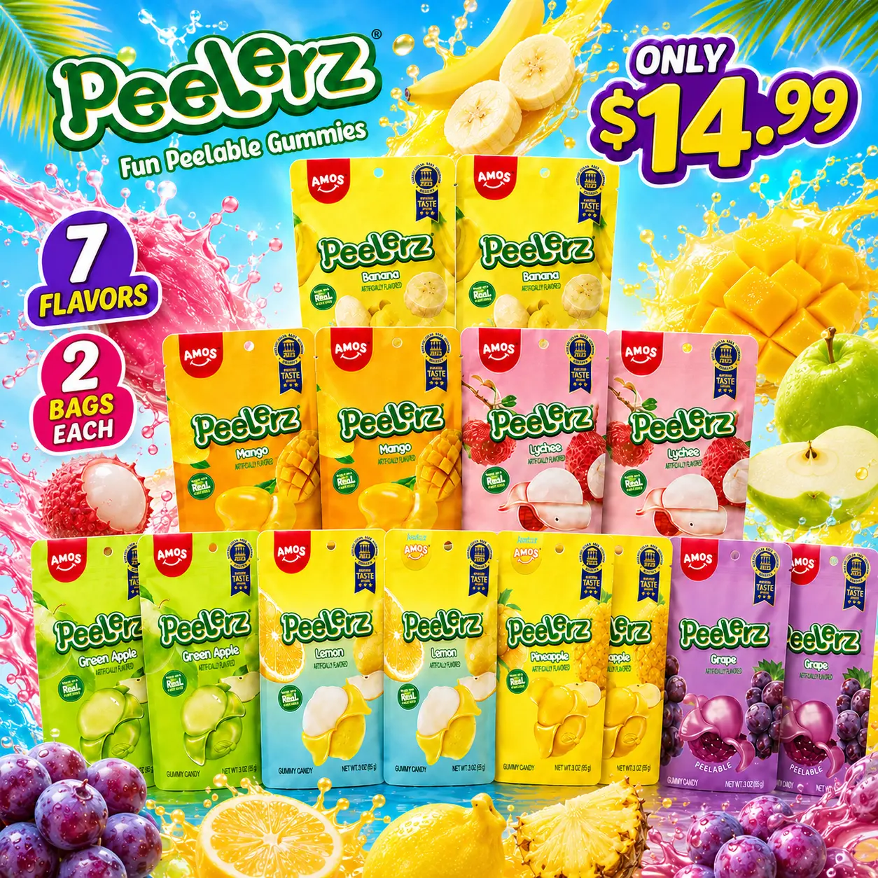 AMOS Peelerz Peelable Gummy Candy Variety Pack, 14 Bags, 7 Fruity Flavors, 2 Bags Each, Real Fruit Juice, Soft Chewy Fun Snacks, 3oz Eac-3
