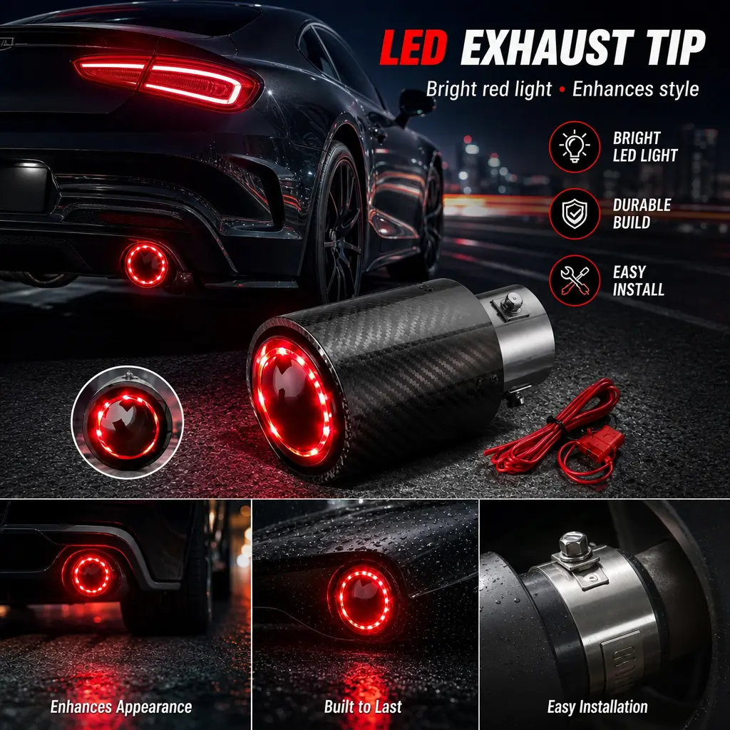 Carbon Fiber LED Blue/Red Light Exhaust Tip Universal Fit Car Straight Flow Muffler Pipe Tail Pipe Bright Blue /Re'dGlowing Exhaust Tailpipe Easy Clamp On Installation Automotive Modified Exhaust Accessories For Most Cars Truck SUV Night Driving Decor