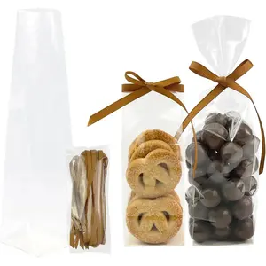 50 Pcs 2x2x8 Inch Gusseted Flat Bottom Small Cellophane Bags with Ribbon and Cardboard Insert for Treats and Candy