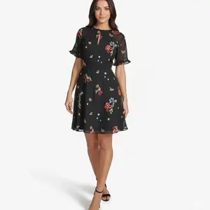 Kensie Womens' Black Embroidered Chiffon Back-Cutout Dress Size 10 Casual Womenswear Shortsleeve Summer
