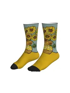 1 Pair Sunflower Socks Van Gogh Art Style Vintage Famous Painting Print Casual Crew Socks For Men Women Art Lover