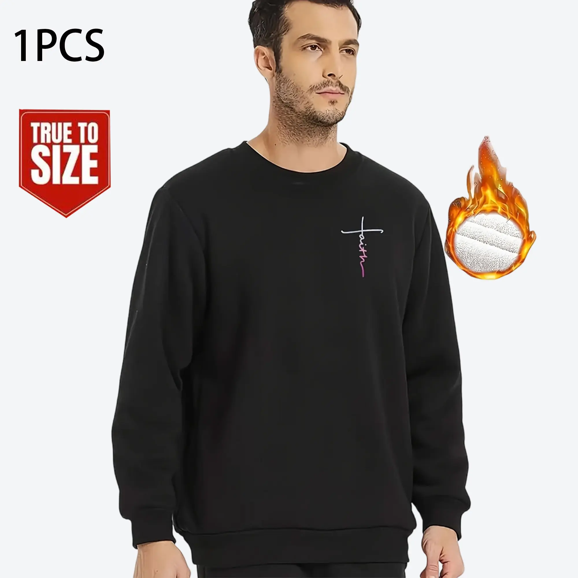 Men's Crew Neck Sweatshirt with Gradient Faith Embroidery, Thick Plush Fleece Lined Pullover for Casual Winter Wear, Rib, None