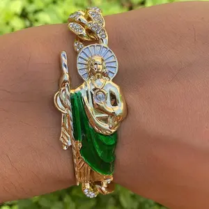 CZ Mens San Judas Bracelet 14K Gold Plated Gifts for Him Everyday Wear Anniversary Birthday Curb Link Chain