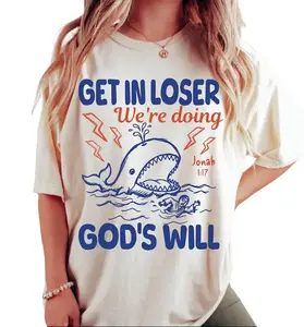Get In Loser God's Will T-Shirt, Jonah and the Whale Graphic Shirt, Funny Christian Aesthetic Tee, Crew Neck, Short Sleeve, Cotton, Gift for Him Her, Men And Womenswear Top