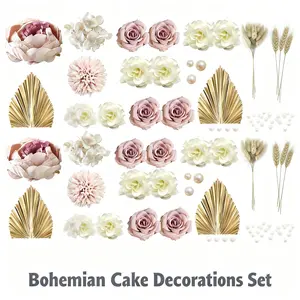 32 PCS Boho Cake Topper Flower Palm Leaves Cake Decorations for Bohemian Wedding Baby Shower Birthday Party Supplies (Boho)