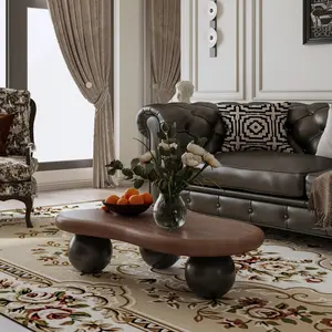 40 Inch/47 Inch Cloud Shaped Coffee Table with 3 Ball Legs for Living Room, Walnut Top Black Legs