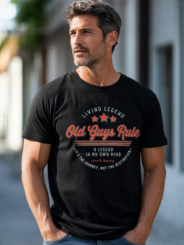 Men's Fitted Black Cotton Short Sleeve Round Neck T-Shirt - Retro Vintage Stars Letter, Bold Old Guys Rule, Living Legend Graphic Print, Motivational Quote, Medium Length, Cold Wash Y2K Casual Streetwear