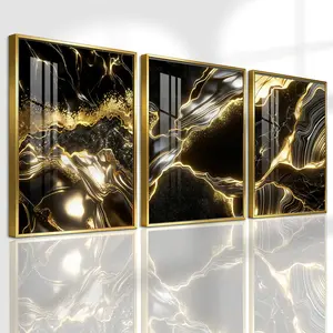 3 Counts Aluminum Alloy Framed Painting, Abstract Black And Gold Fluid Art Pictures, Home Decoration For Living Room, Bedroom, Office, Restaurant, Hallway Wall Decor, Odorless Print Artwork, Luxury Perfect Gift For Friends And Family