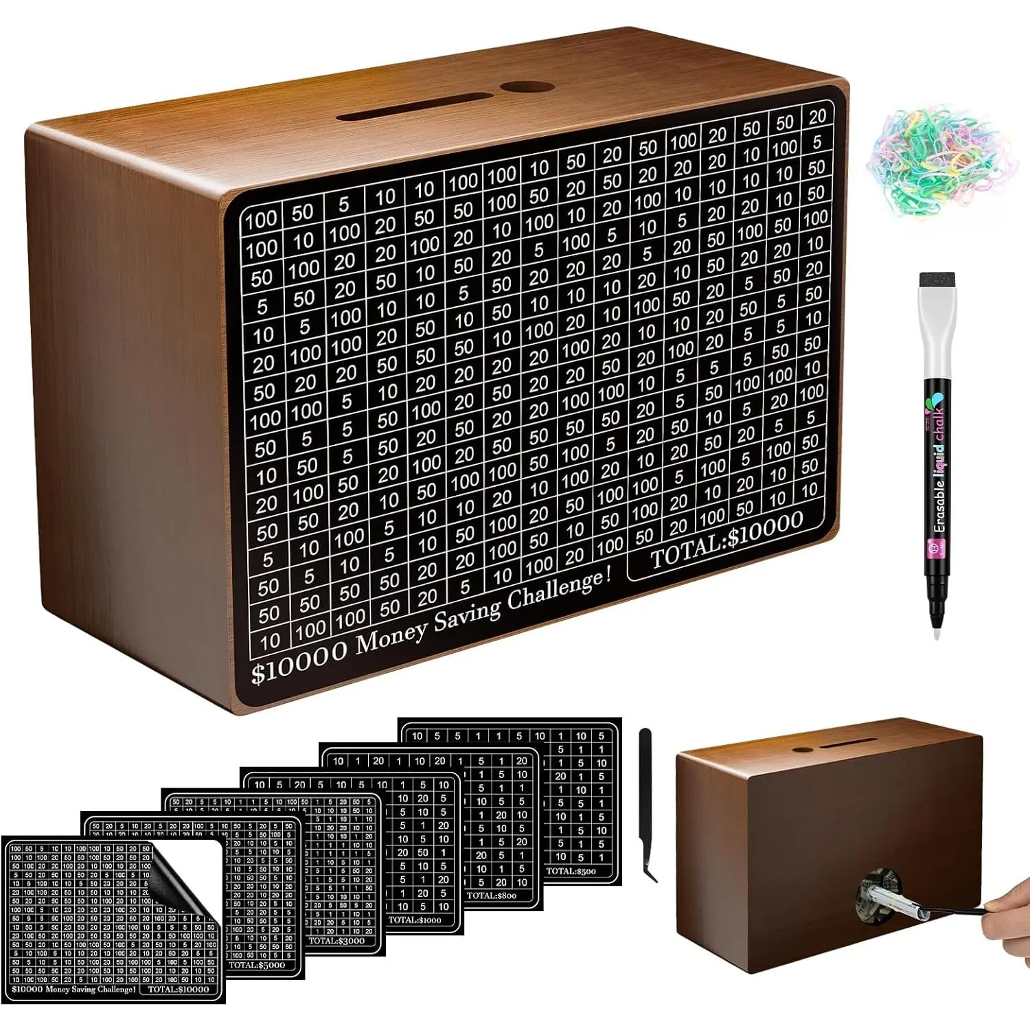 Wooden Cash Savings Box with Counter, Vault Bank for $10000 $5000 $3000 Target Money Challenge, Reusable Money Box with Dry Erase Pen/Savings Trackers/Rubber Band