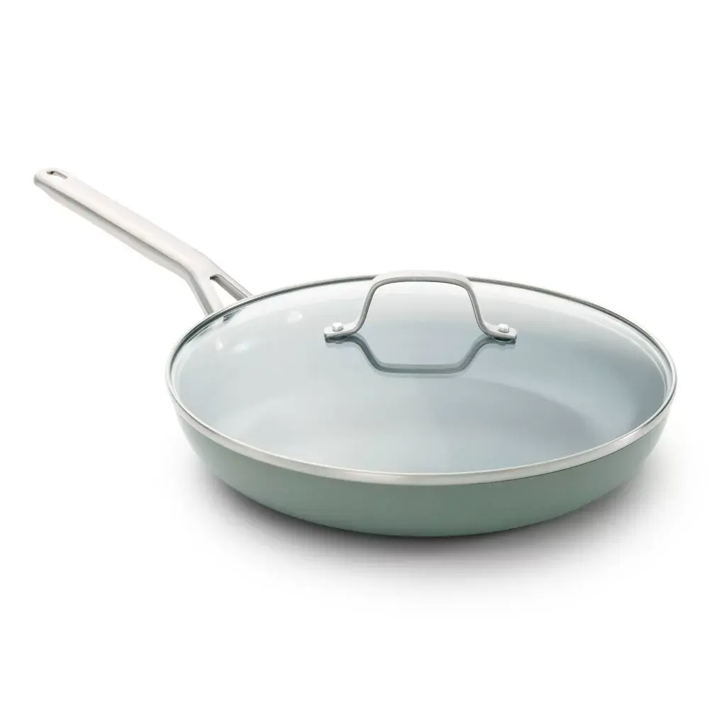 Calphalon 12" Ceramic Fry Pan with Lid Silver Ash: Nonstick Anodized Aluminum Oven & Dishwasher Safe