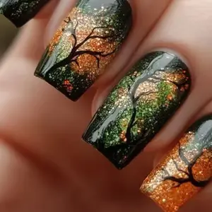 Long Square Detachable Wearable Nail Art Set, Forest Gold Leaf Design, Glossy Finish, Medium Length, 24 Pieces Fake Nails, Diy Nail Kit