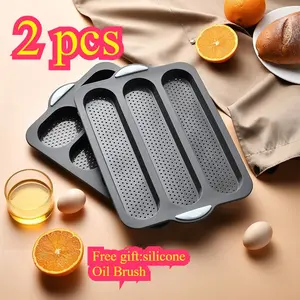 2-Piece French Baguette Silicone Molds Set with Basting Brush, Non-Stick Oven Safe Bread Pan, 8-Cavity Rectangular Shape, Even Baking