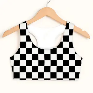 Checkered Flag Sports Bra Women Black White Checkerboard Crop Top Racing Streetwear Y2K Beach Festival Summer Spring Fall Casual Comfortable Loose Fit Athletic Vacation Holiday Outfit