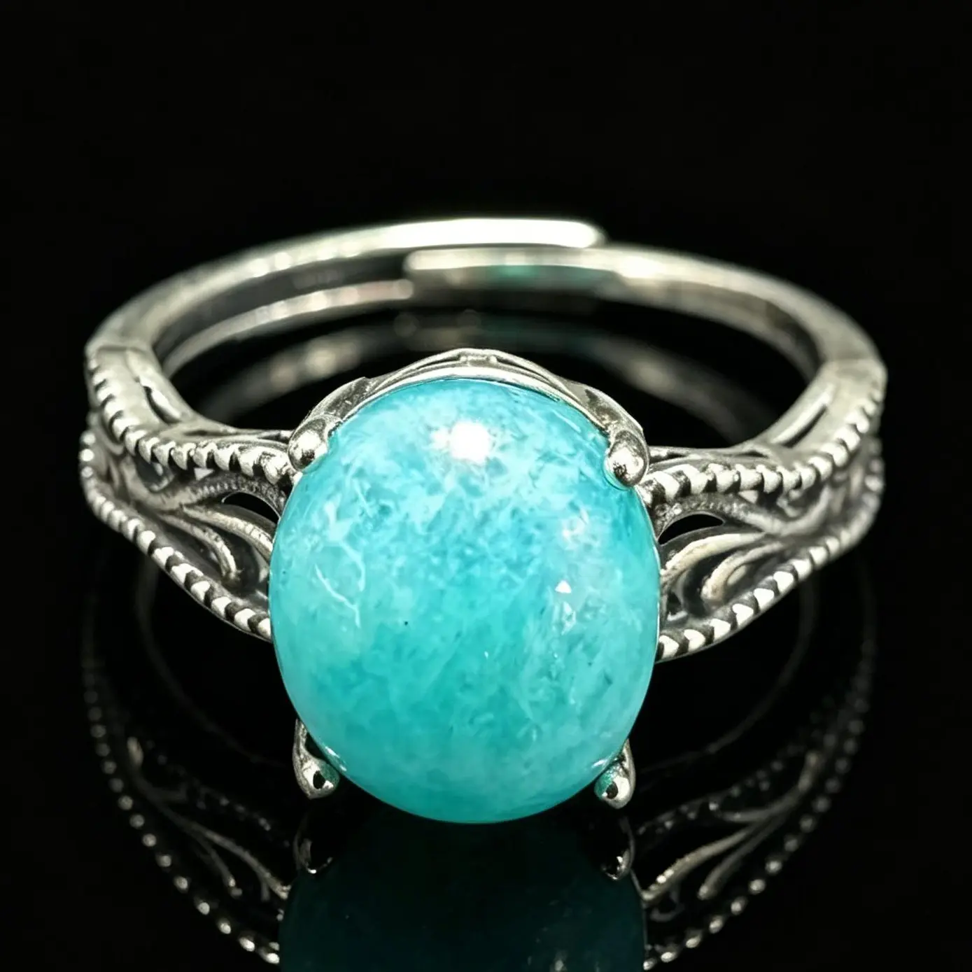 Oval Natural Amazonite 925 Sterling Silver Vintage Filigree Four Prong Adjustable Boho Ring