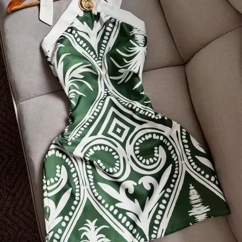 Green & White Geometric Print Elegant Printed Design Halter Mini Dress, Golden Buckle Bodycon Dress for Women, Old Money Coastal Aesthetic, Casual Elegant Silky Satin Fabric Summer Dress for Vacation & Brunch