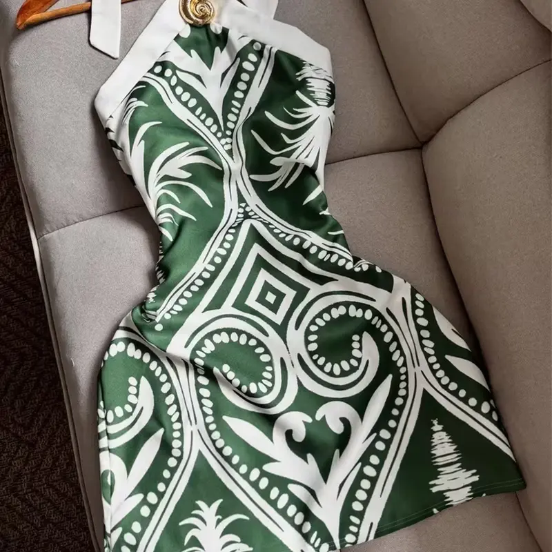 Green & White Geometric Print Elegant Printed Design Halter Mini Dress, Golden Buckle Bodycon Dress for Women, Old Money Coastal Aesthetic, Casual Elegant Silky Satin Fabric Summer Dress for Vacation & Brunch