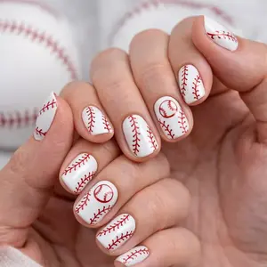 Hand-Painted Baseball Stitch Press On False Nails, Sports Fan Nail Art Manicure Accessory