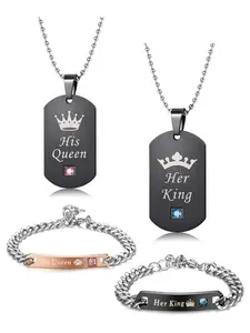 4 Pcs Black Silvery Engraved Couple Jewelry Set for Women Men Classic Matching Accessories with His Queen Her King Designed with Romantic Black Heart Necklaces Polished Silvery Curb Bracelets Bright Pink Blue Shining Zirconia Luxurious Charm