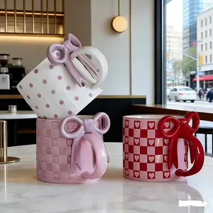 Novelty Bowknot Heart Pattern Ceramic Coffee Mug, Cute Stylish Daily Drinking Cup, Unique Home Decor Drinkware, Family and Friends