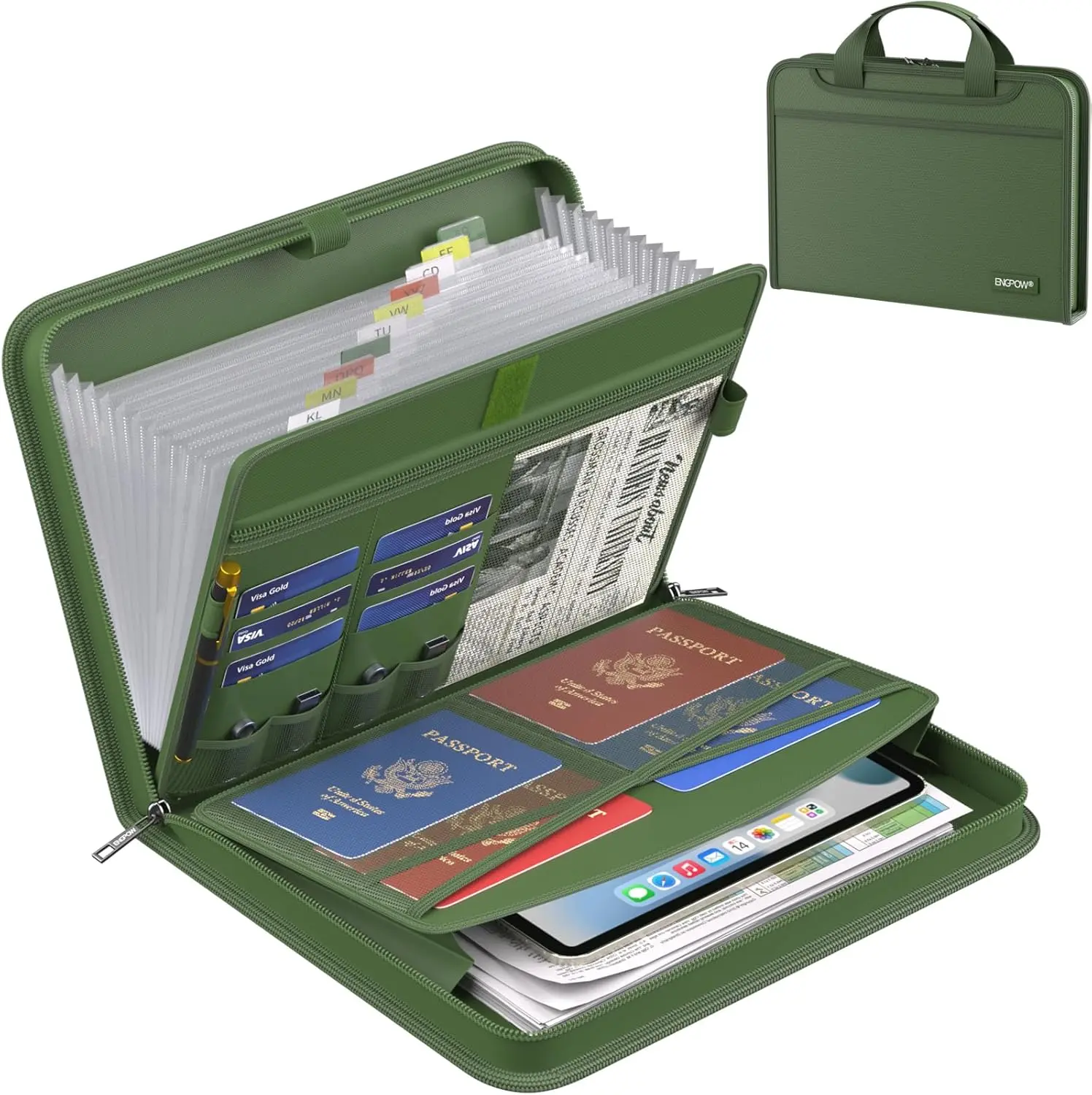 File Organizer,Fireproof Expanding File Folder with Multi Pockets,13 Pockets Document Organizer with Handle & Labels,Portable Home Travel Safe Storage for Letter A4 Files,Green