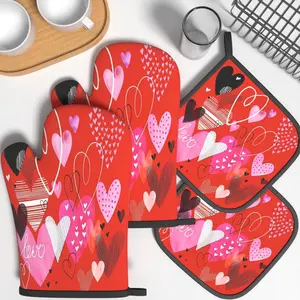 4pcs Heat Resistant Oven Mitts And Potholders Vibrant Red Multi-Pattern Heart & Love Script Oven Mitts And Pot Holders Sets Suitable For Home Kitchen Decoration, Cooking, Grilling, Baking And Great Holiday Camping Picnics Gifts