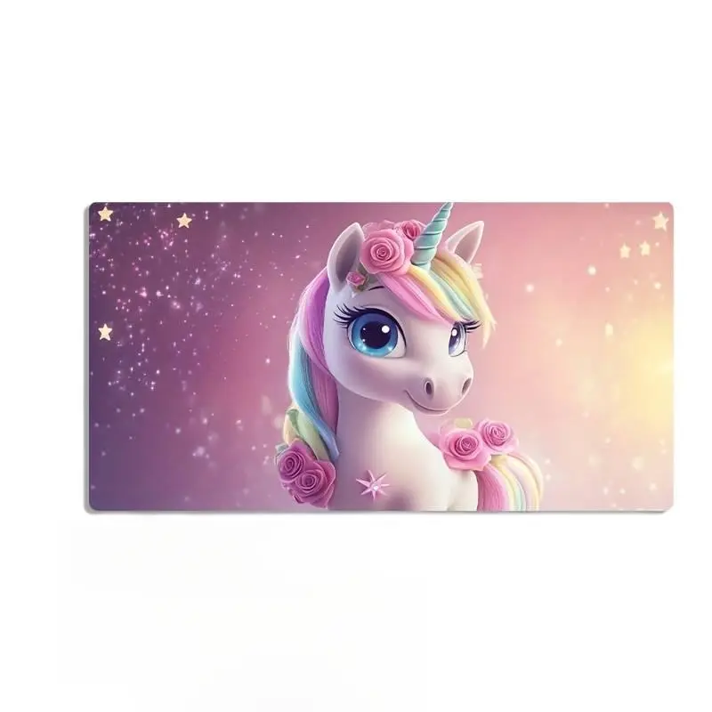 E-sports gaming mouse pad with a unicorn surrounded by stars and floral patterns. Large desk mat featuring non-slip and washable rubber base, office desk accessory, computer decor, desktop ornament, stain-resistant gaming mouse pad. Size 40×20 inches