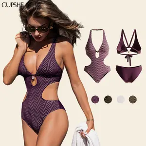【Restocked】CUPSHE Monokini | Swimsuit Sculpting Cutout One-Piece Swimwear with Plunging Neck & Textured Chevron Print Bathing suit #SummerVibes