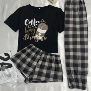 Women's 3 Piece Sleepwear Set Cartoon Plaid Print Soft Milk Silk Thin Breathable Loungewear For Home