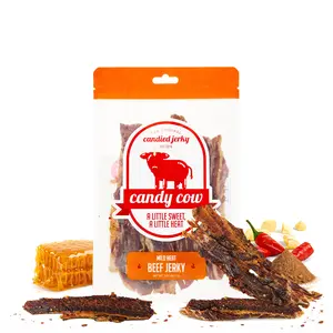 Candy Cow Mild Heat, 2oz Bag, Sweet Candied Beef Snack – Gentle Slow-Burn Flavor for Beginners, Light Spice Snack for Casual Snackers, Sweet & Mild Beef Brisket Candy Treat Resealable Bag,