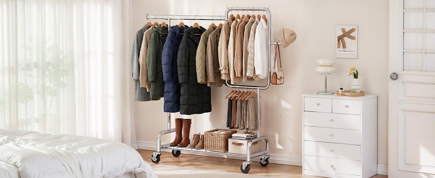 SOLEDI Heavy Duty Clothes Rack – Rolling Partitioned Wardrobe Organizer with Lockable Wheels, Bedroom & Laundry Storage, 460 lbs Capacity,garment rack,, laundry organizer, coat rack, space saver,teacher appreciation gifts sturdy metal frame
