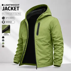 Men’s hooded windbreaker jacket made from wrinkle-resistant, wear-resistant fabric featuring a front chest zippered pocket and ribbed cuffs. Urban workwear style suitable for commuting, office wear, and weekend outings —a fashionable casual top.