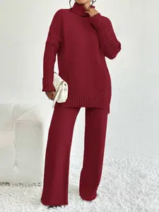 Knit Coord Long Sleeve Wine Red Top with Matching Pants for Single Item Purchase - Long Sleeve Design & Coordinated Ensemble-D240769