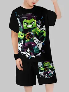 Boys Pixel Hulk Print Short Sleeve Set, Cute Casual Kids Clothing, Spring & Fall Fashion, Fitted Shorts