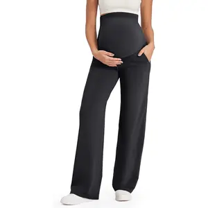 Maternity Pants Over The Belly Yoga Dress Work Pregnancy Pants Stretchy Lounge Wide Leg Trousers with Pockets