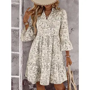 Women's Floral Print V-Neck Flare Sleeve Casual Mini Dress For Vacation