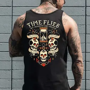 TIME FLIES Skull Hourglass Dagger Black Print Tank Top- Tattoo Street Wear Casual Cotton Shirt, Unisex, Minimalist Style, Trending for Men & Women