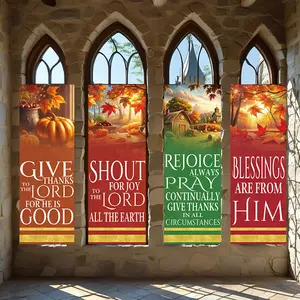4 Pcs Religious Banners, Polyester Material Fall Christian vertical hanging banners with thanksgiving scripture text autumn maple pumpkin farm scenery suitable for church home living room prayer room wall decor to create warm religious festive atmosp