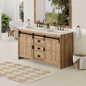 60" Farmhouse Double Sink Bathroom Vanity with Ceramic Top, Brown Sliding Barn Door Cabinet with Storage (Faucet Not Included)