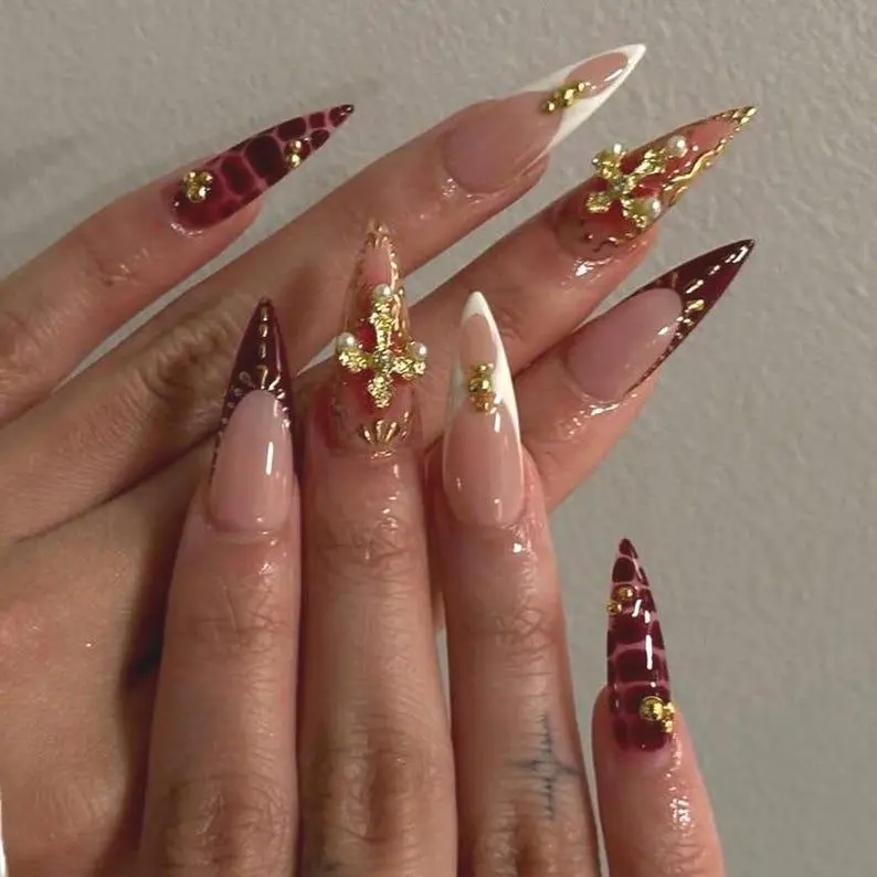 Gold Cross Gothic Press On Nails | Gothic Gold & Deep Burgundy Nail Art | Handmade Stiletto Nails | Elegant Fake Nails