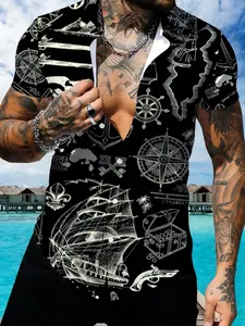 Black Pirate Theme Print Men's Short Sleeve Shirt, Ocean Style Pattern Lapel Casual Top, Trendy Street Style Summer Men's Wear