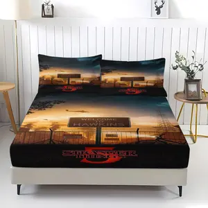3 Piece Stranger Things Patterned Fitted Sheet,Non Fading,Including 1 Bed Sheet and 2 Pillowcases,Anti Slip Dust Cover Suitable for Bedrooms and Guest Rooms,Suitable for Personal Use or Gift Giving
