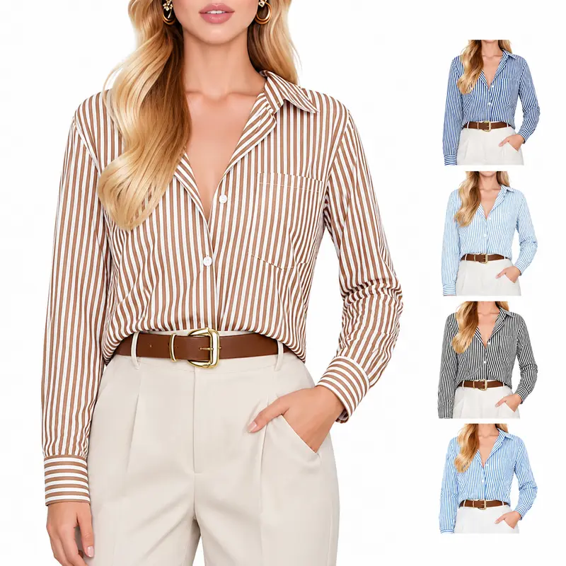 Siliteelon Striped Button Down Shirts Long Sleeve for Women Classic Dress Shirts for Fall and Winter Old Money Outfits Collared Basic Office Work Tops with Pocket Comfy Business Casual & Chic | Designer Style Inspo