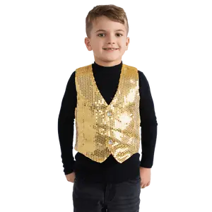 Gold Sequin Vest Costume For Kids - Fancy Sparkly Sleeveless Vest with Adjustable Back Buckle - Boys Costume For Halloween, Theme Party & Dance Party