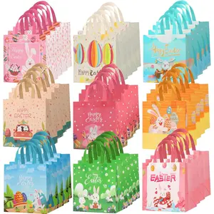 36 count Easter  Bags with Handles,  Bags with Happy Bunny Carrot Chick, Multifunctional Non-Woven Easter Baskets for Egg Hunt, Gifts Wrapping, Party Supplies, 8.3x7.9x5.9inch