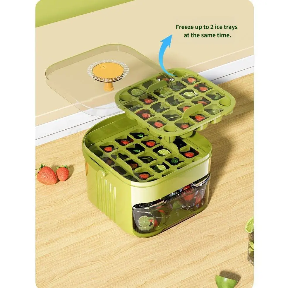 Food-Grade Square Ice Cube Mold Maker with Handle, 1-Press Release, Double-Layer Green Press Tray & Rigid Box, Home Fridge Organization Storage Solution, Double-Layer Ice Tray