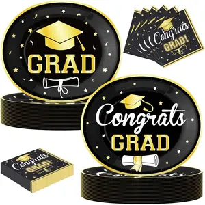 100Pcs Graduation Oval Paper Plates and Napkins Set - 10" x 12" Large Disposable Party Plates for 2026 Graduation Party Supplies Decorations