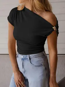 Women's One-Shoulder Asymmetrical Neck Slimming T-Shirt, Casual Classy Fashion Minimalist Top for Daily Wear, Comfortable and Stylish Ladies' Tee