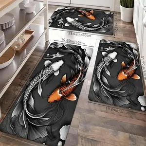 Black-and-white Koi Fish Kitchen Carpet Set, Yin-Yang Carp Pattern Non-slip Washable Floor Mat, Lucky Carp Runner Carpet, Used for Kitchen, Living Room and Home Decoration.